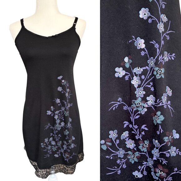 Vintage Dresses & Skirts - Vintage Y2K Floral Mini Dress Black Spaghetti Strap Party Small Medium